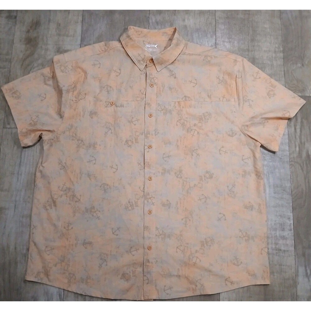 Silver Bait Fishing Shirt Mens 2XL XXL Orange Anchor Print Ripstop Button Up